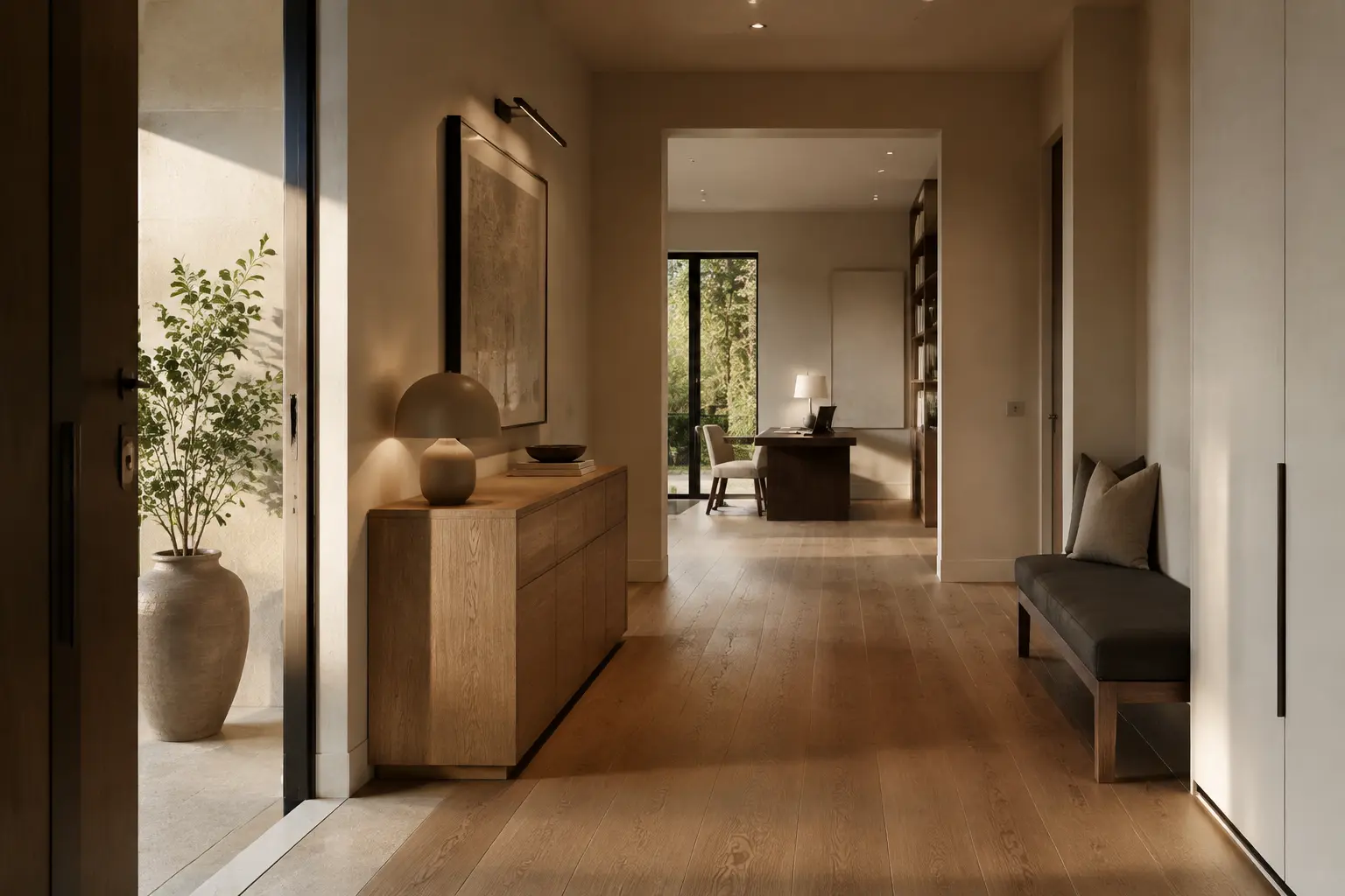 Warm modern bathroom with oak vanity, stone surfaces and frameless shower