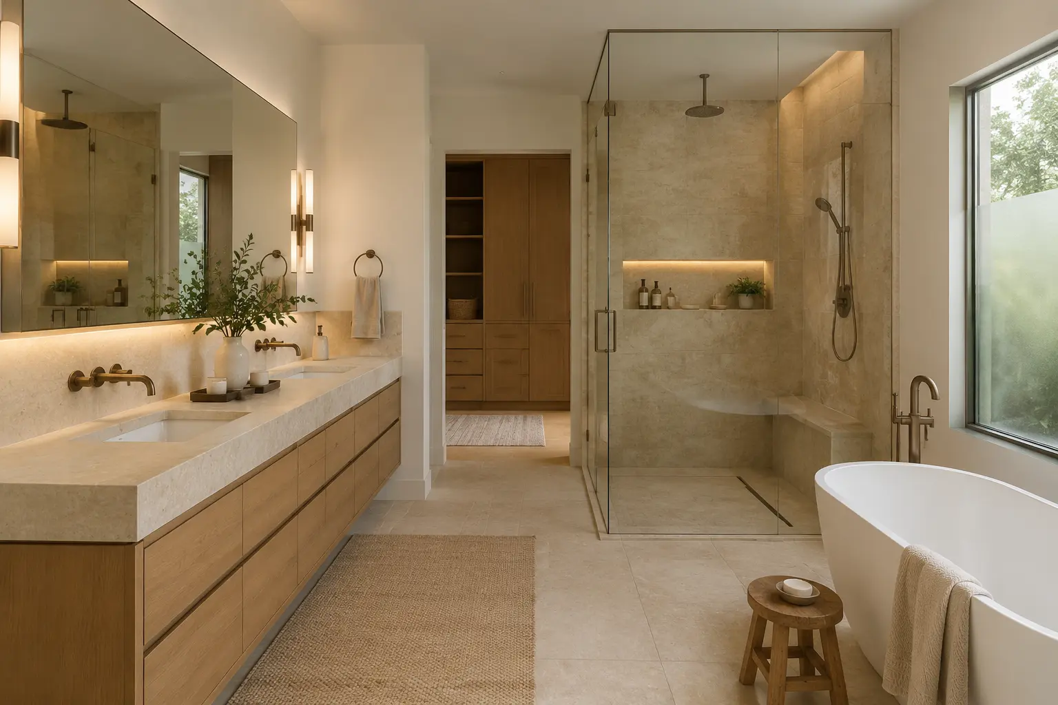 Quiet warm modern primary bedroom with layered curtains and natural textures