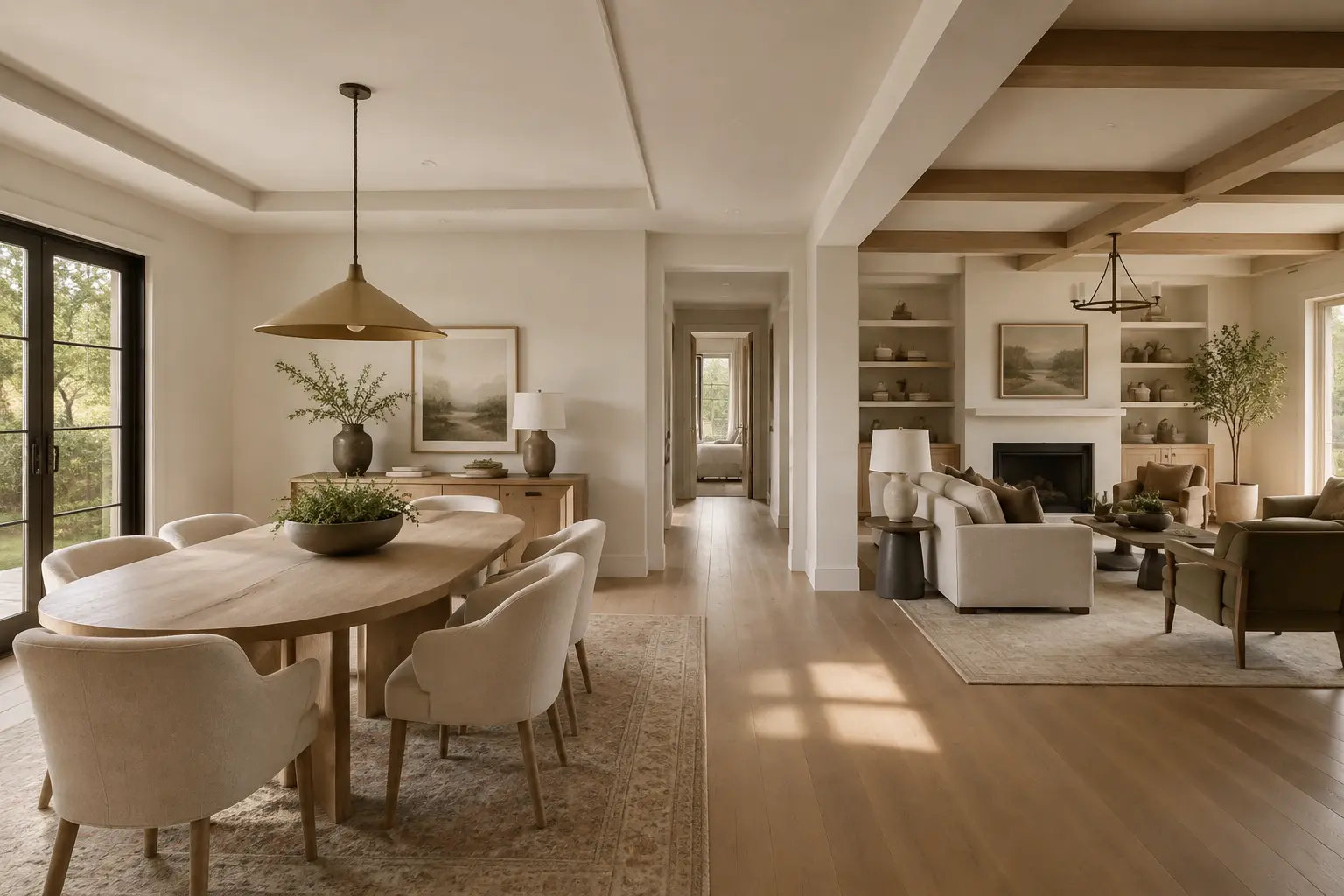 Warm modern kitchen with white oak island and connected hidden pantry