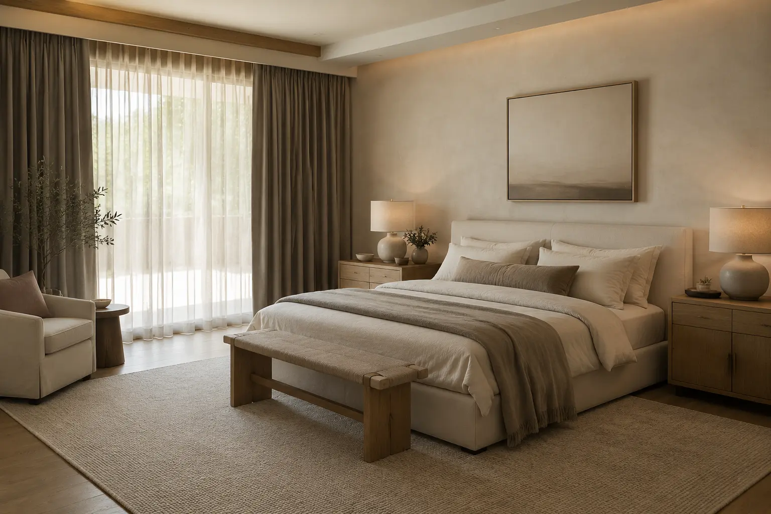 Warm modern open-plan living and dining areas designed as connected zones