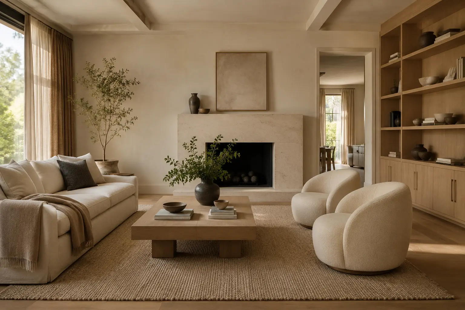Warm modern living room with layered natural materials and soft light