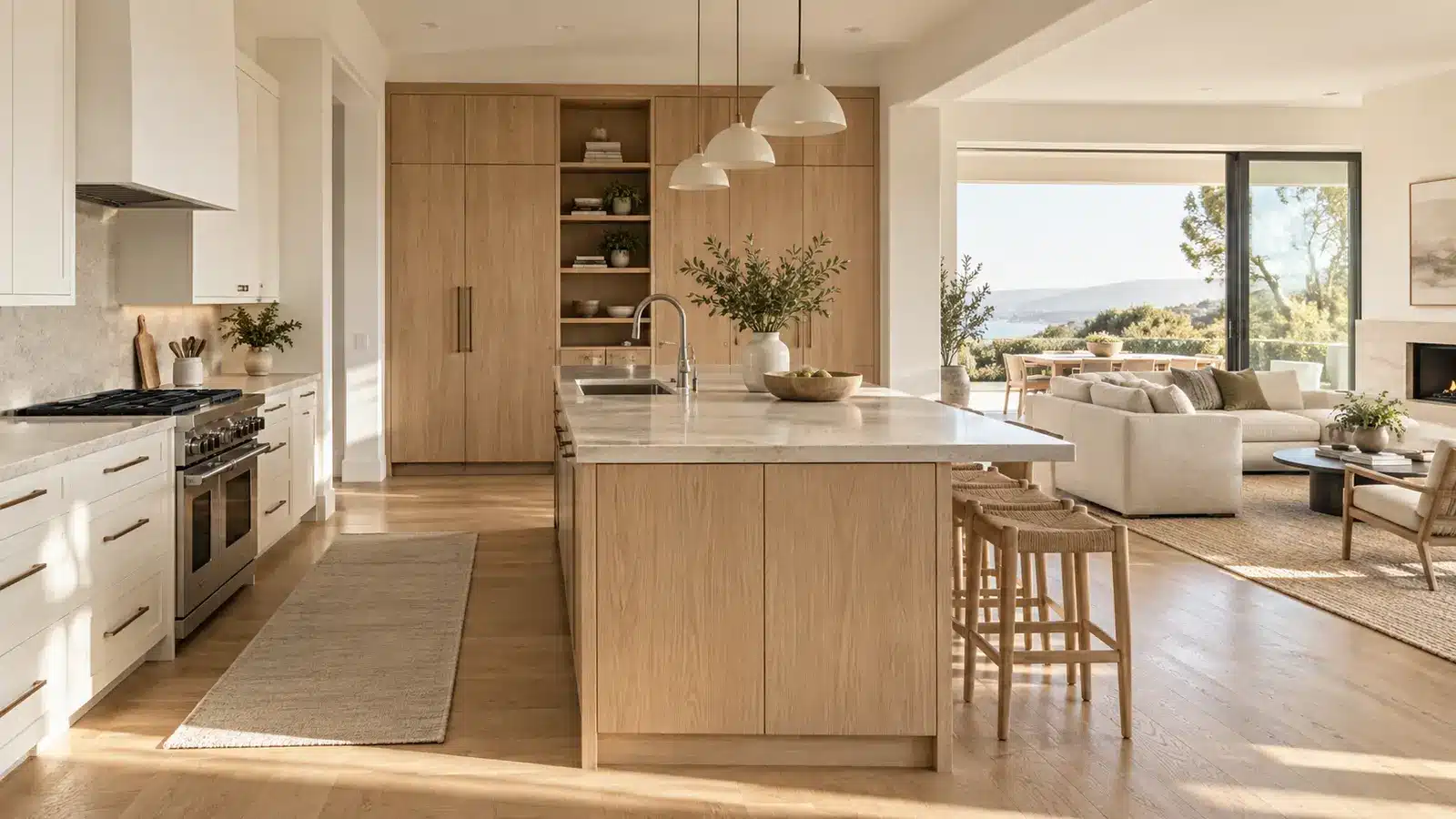 Warm white and natural white oak two-tone kitchen in a California contemporary home