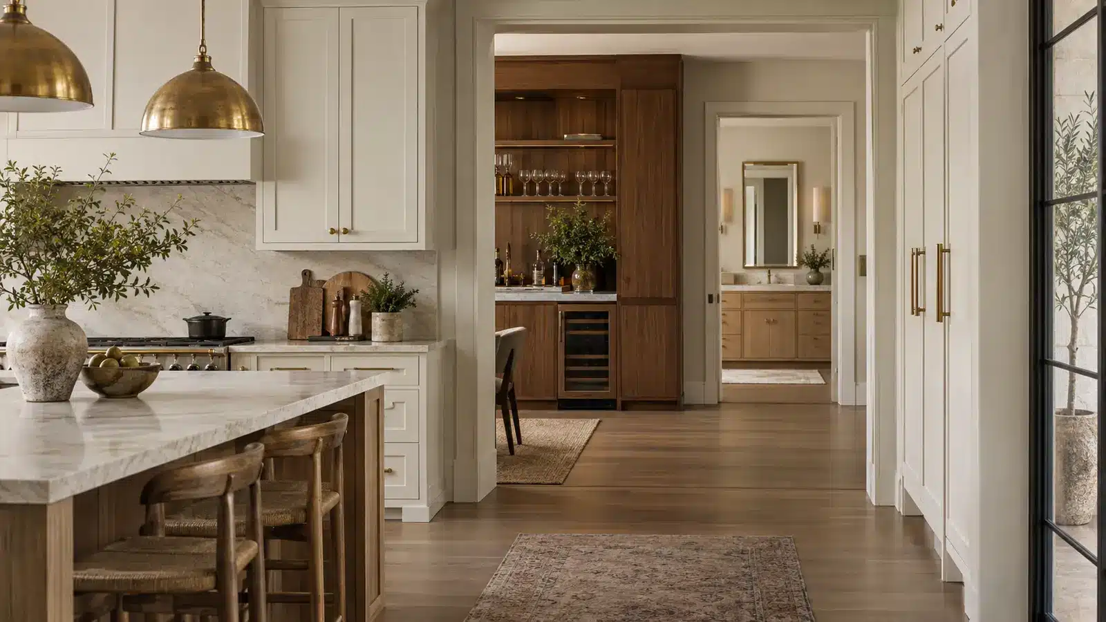 Connected whole-home cabinetry using Shaker, walnut flat-panel and inset door treatments