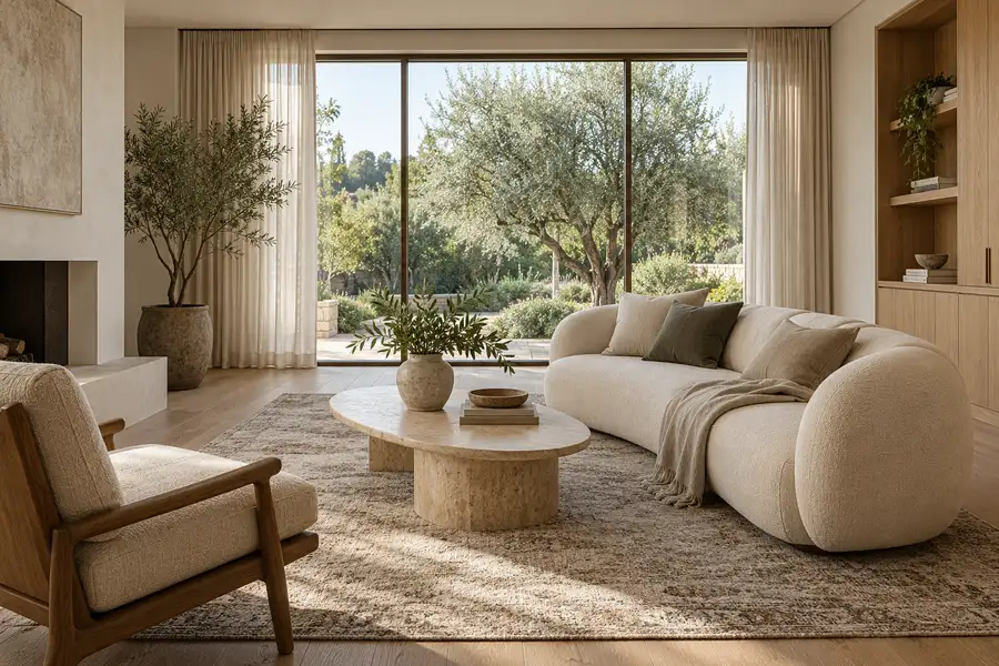 Organic Modern living room with a curved cream sofa, oak cabinetry and oval stone table