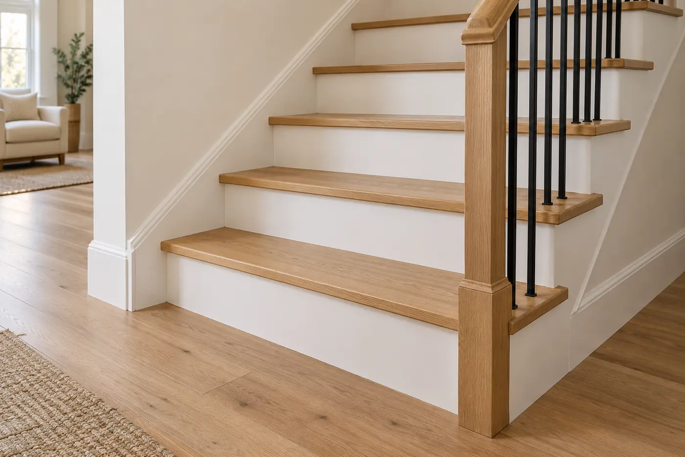 White oak treads with white closed risers and black vertical stair balusters
