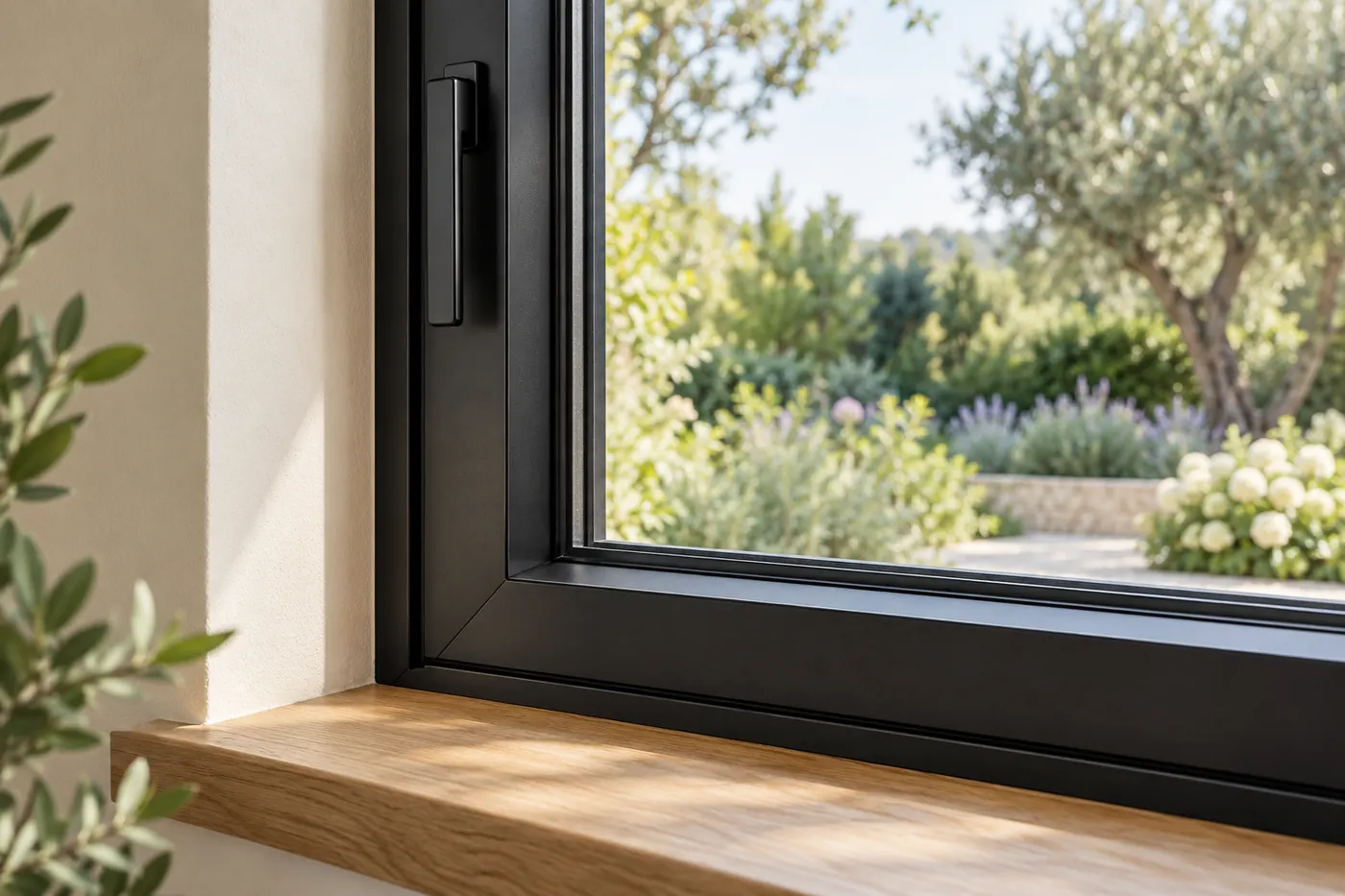 Close-up of satin black aluminum window framing, glazing and a matching handle