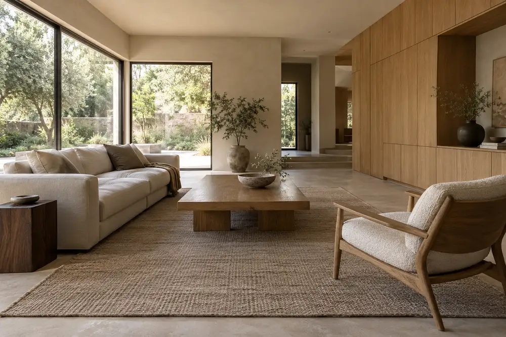 Japandi living room with low-profile furniture and closed oak storage