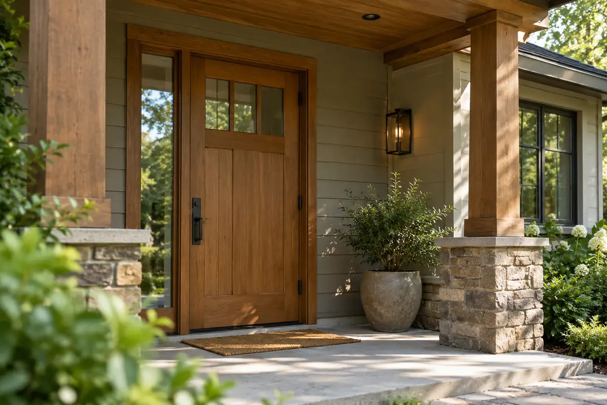 Traditional oak hinged entry door with a glass sidelight beneath a sheltered porch