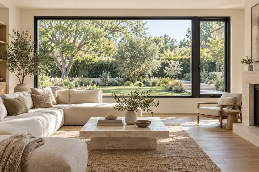 Black aluminum picture window and operable sash in a warm neutral living room