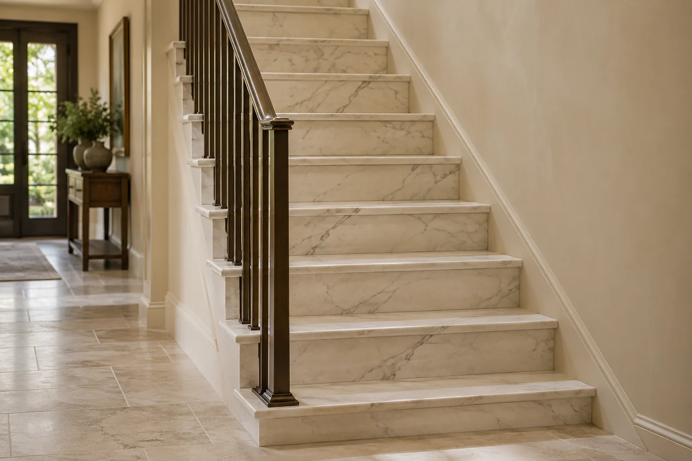 Ivory marble closed-riser staircase with a bronze-colored metal railing