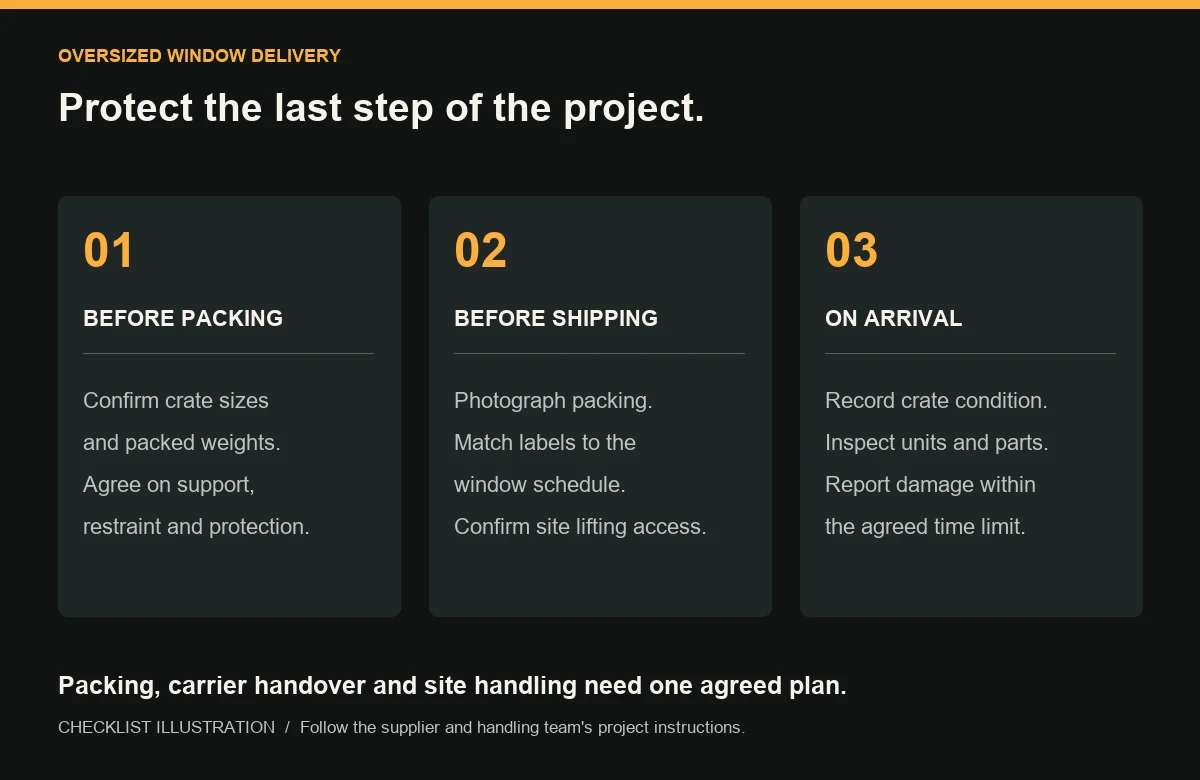 Three-stage checklist for oversized window packing, transport and arrival inspection
