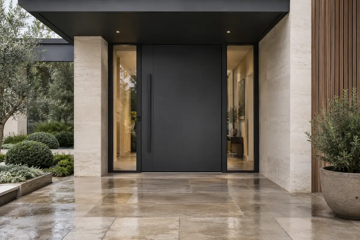 Charcoal aluminum entry door protected by a deep canopy after light rain