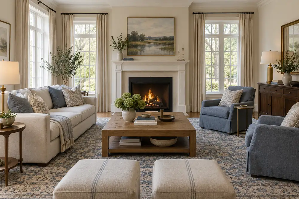 Transitional living room with a classic fireplace and streamlined seating