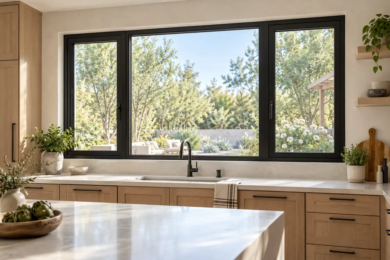 Black aluminum windows above an oak kitchen counter in a new home