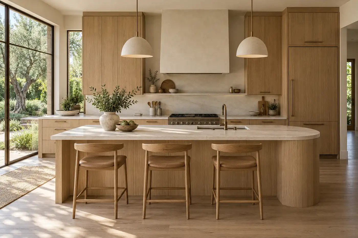 Organic Modern kitchen with flat oak cabinet doors and a rounded island
