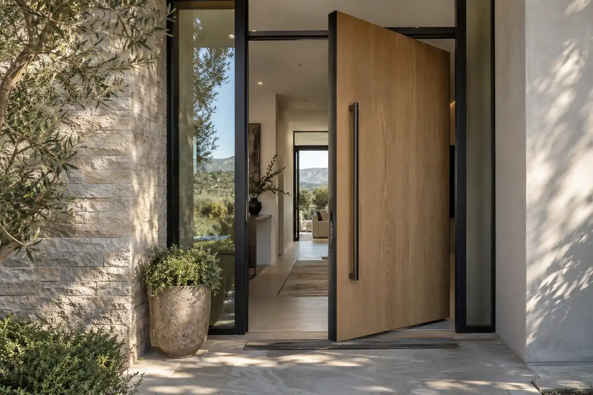 Natural oak entry door facing with a dark metal perimeter and long bronze pull handle