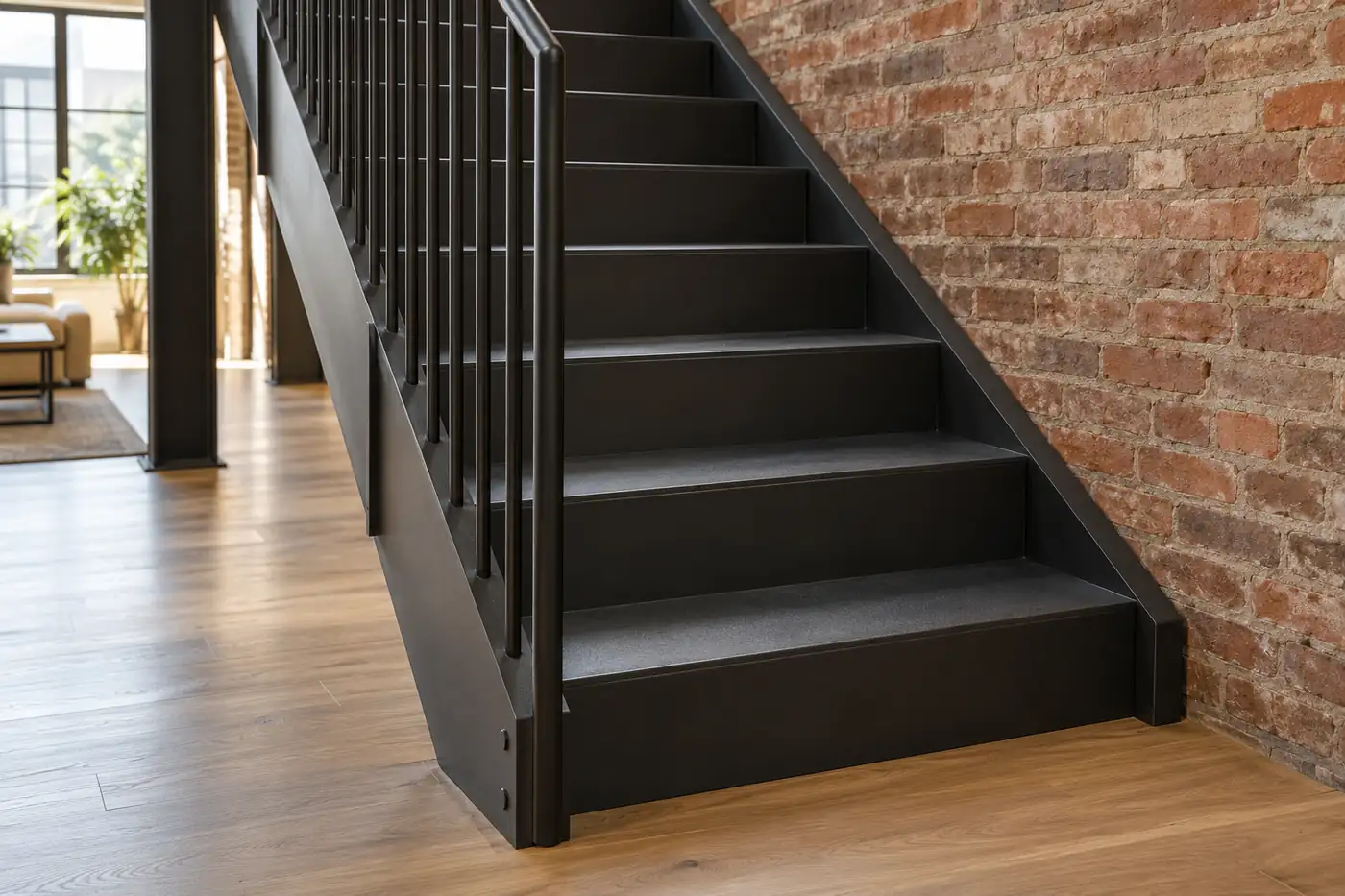 Black steel closed-riser stairs beside a brick wall in a residential loft