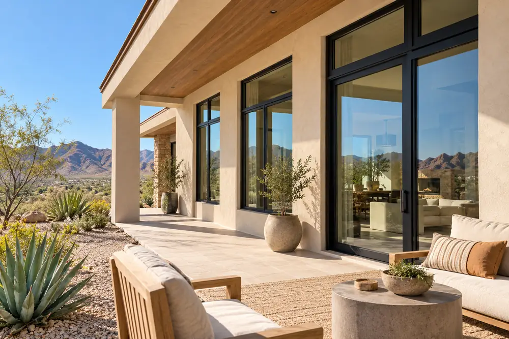 Black framed windows and patio doors beneath a deep roof overhang in a sunny setting