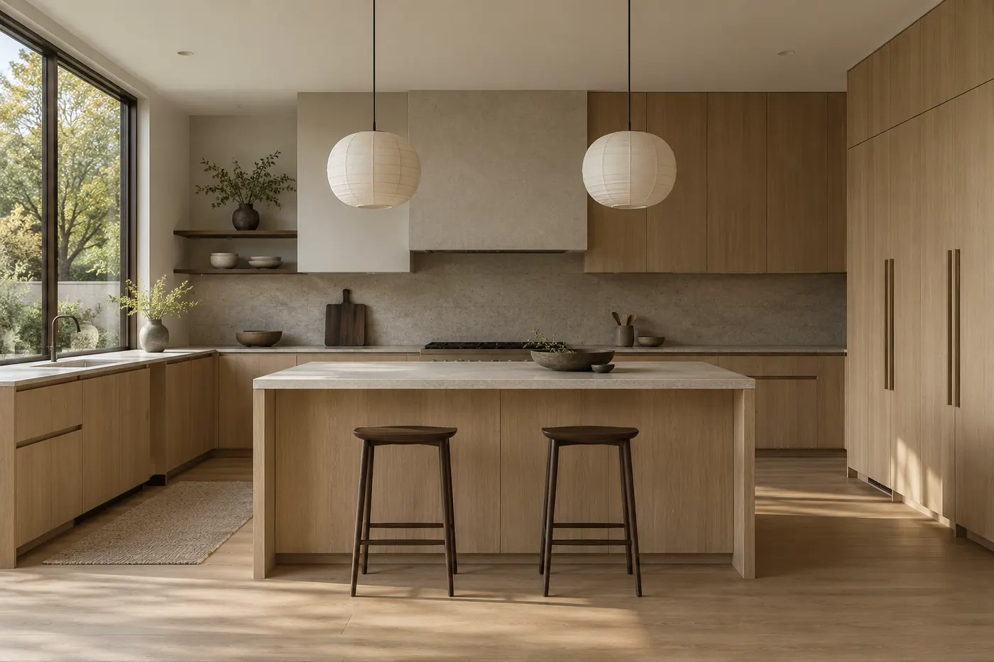 Japandi kitchen with flat wood fronts, simple pulls and concealed storage