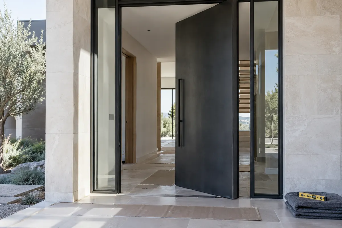 Charcoal pivot entry door during late-stage installation with protected stone flooring