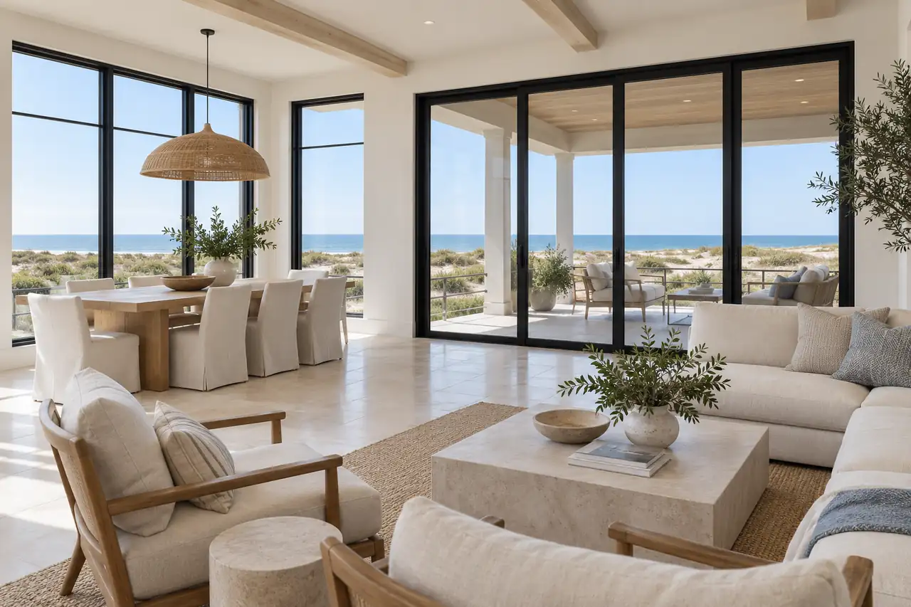 Coordinated black window and patio-door frames in a coastal living and dining room