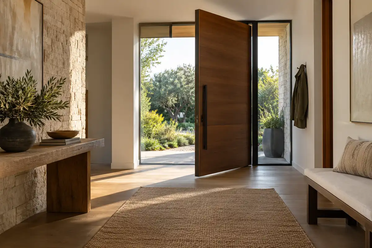 Modern home foyer with an open wood pivot door and furniture clear of the entrance path