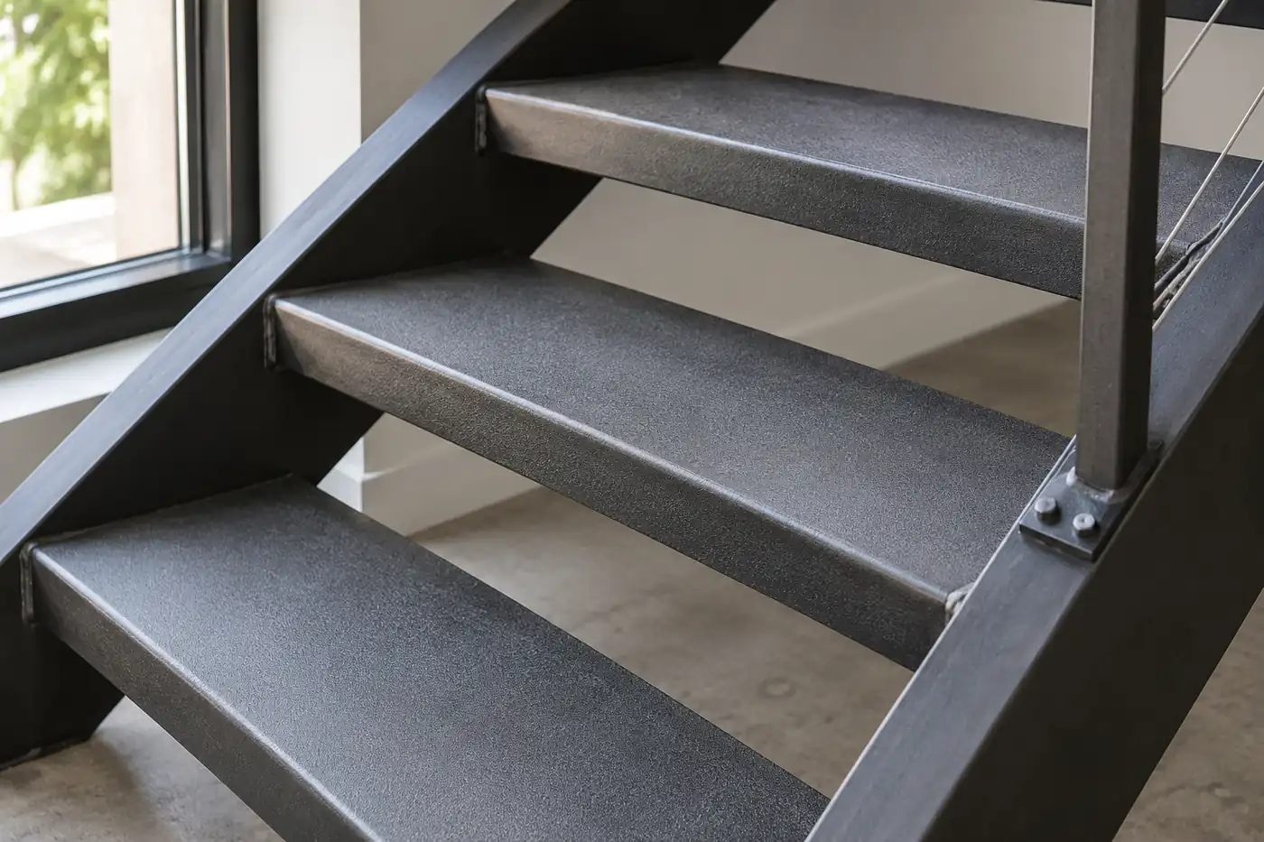 Textured folded steel treads supported by substantial metal side stringers