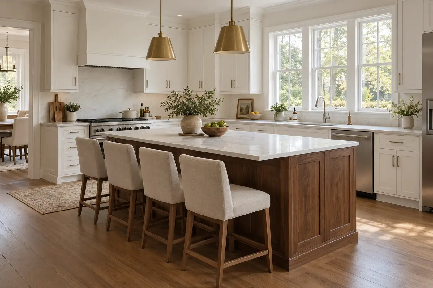 Transitional kitchen with warm white Shaker cabinets and a walnut island
