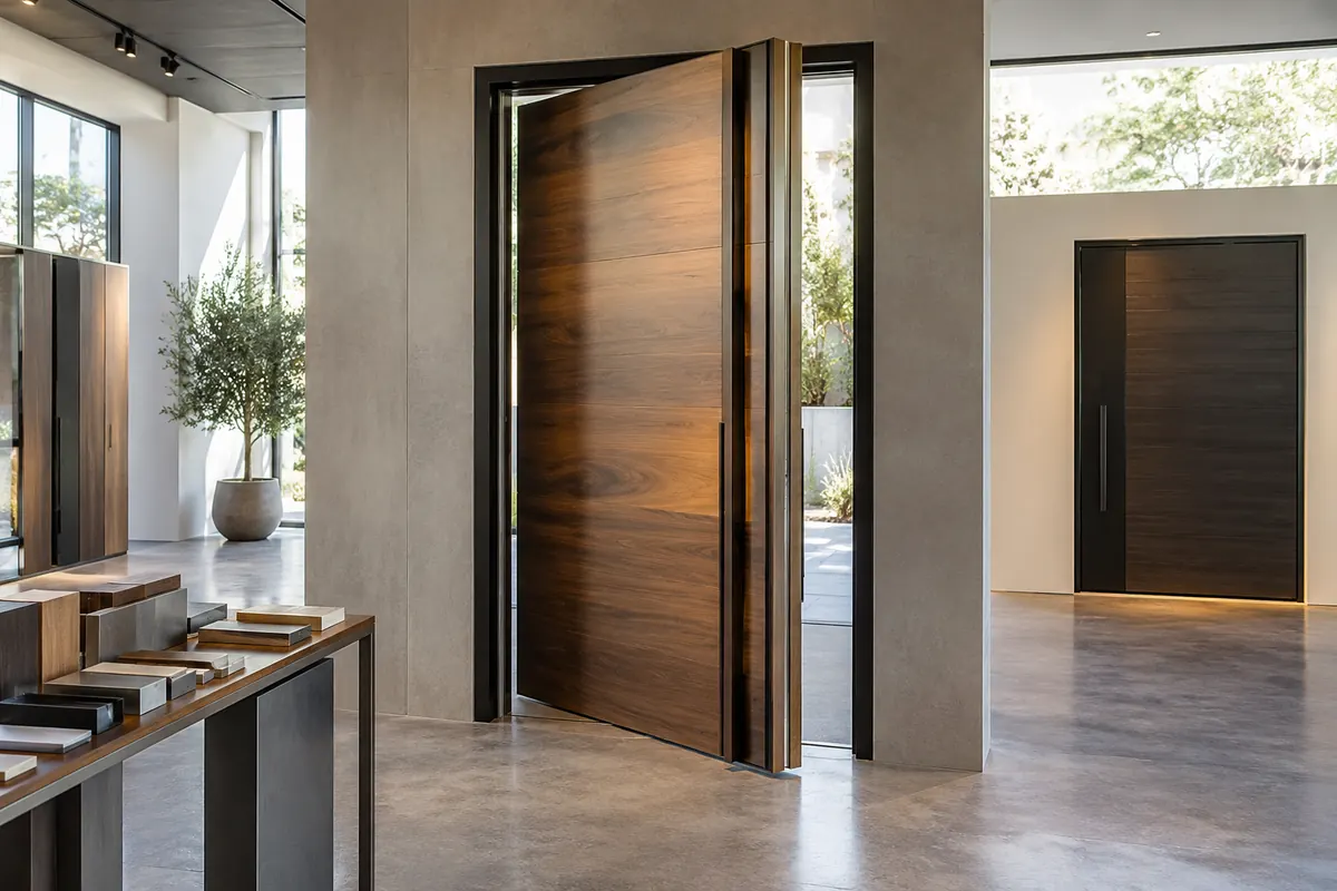 Aluminum and natural wood pivot door displayed in an unbranded showroom with material samples