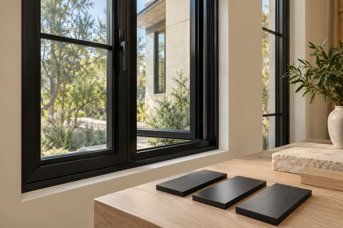 Physical black finish samples beside an aluminum window showroom display