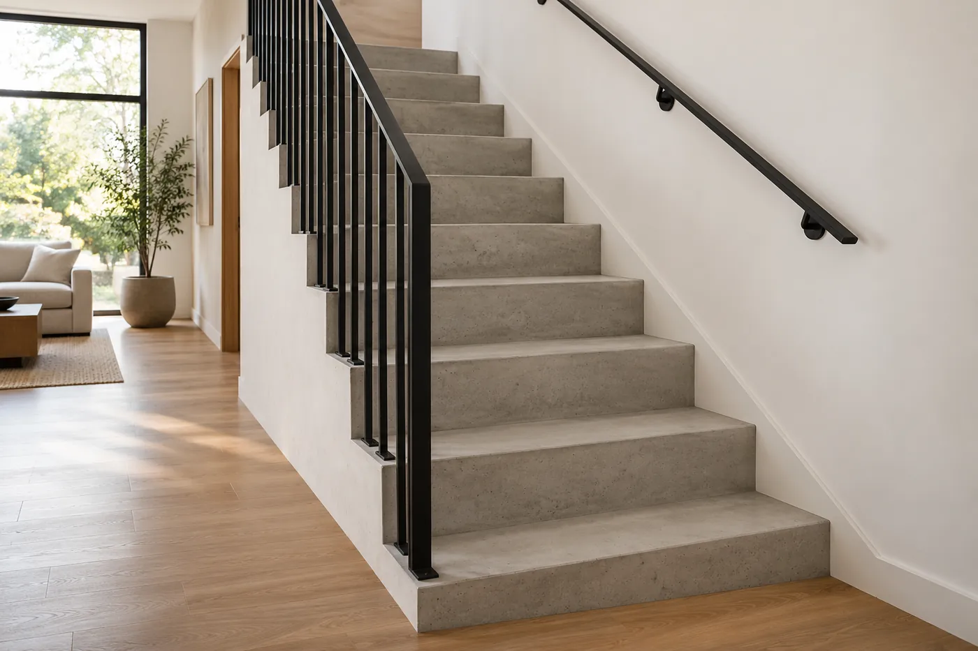 Light gray concrete residential stairs with a black metal guard and wall handrail