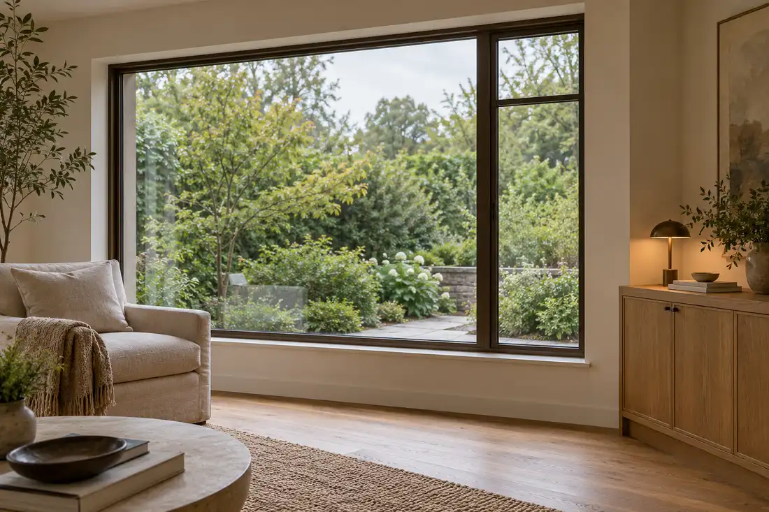 Dark bronze window frame beside warm white walls and an oak cabinet
