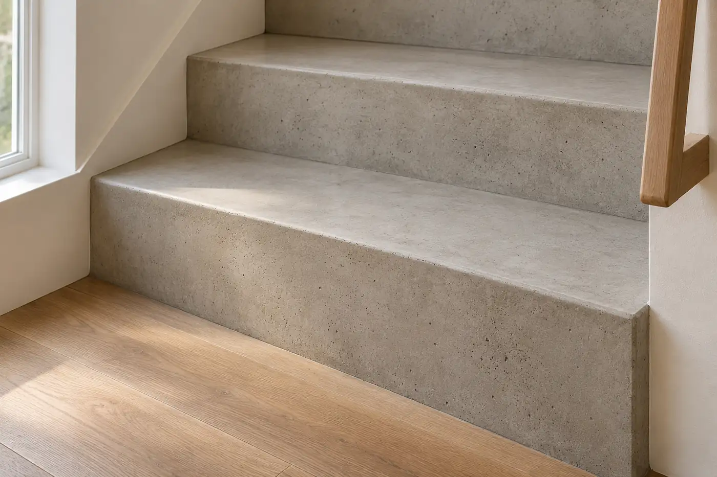 Close detail of concrete stair treads with fine pores and a low-sheen surface