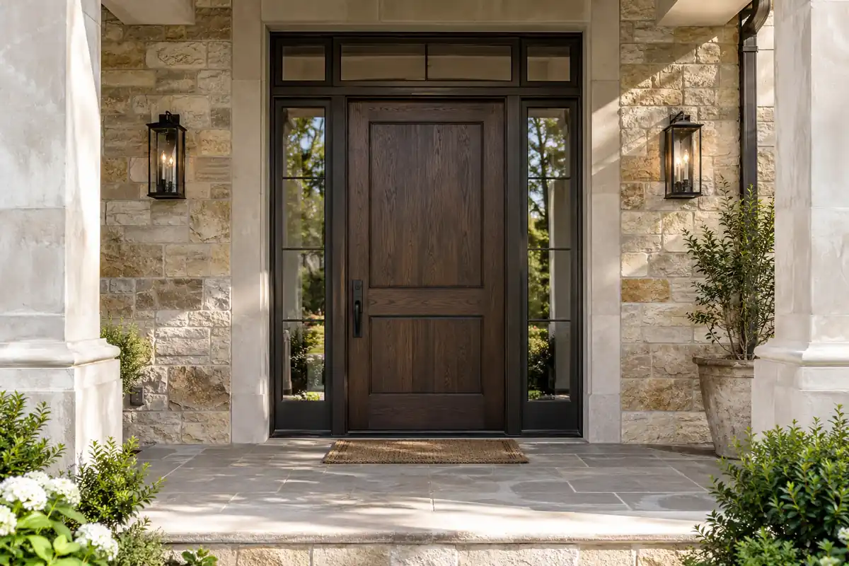 Dark oak hinged front door with two fixed sidelights and a transom in a stone facade