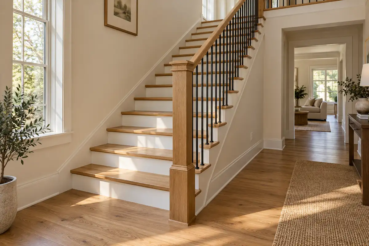 Natural oak stair treads with white risers and simple black balusters