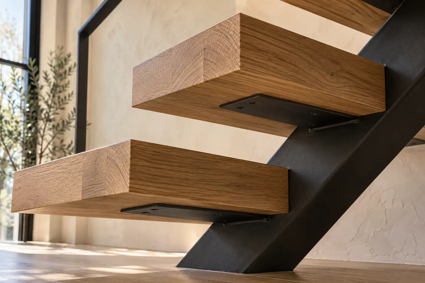White oak stair treads mounted on steel support plates and a central stringer
