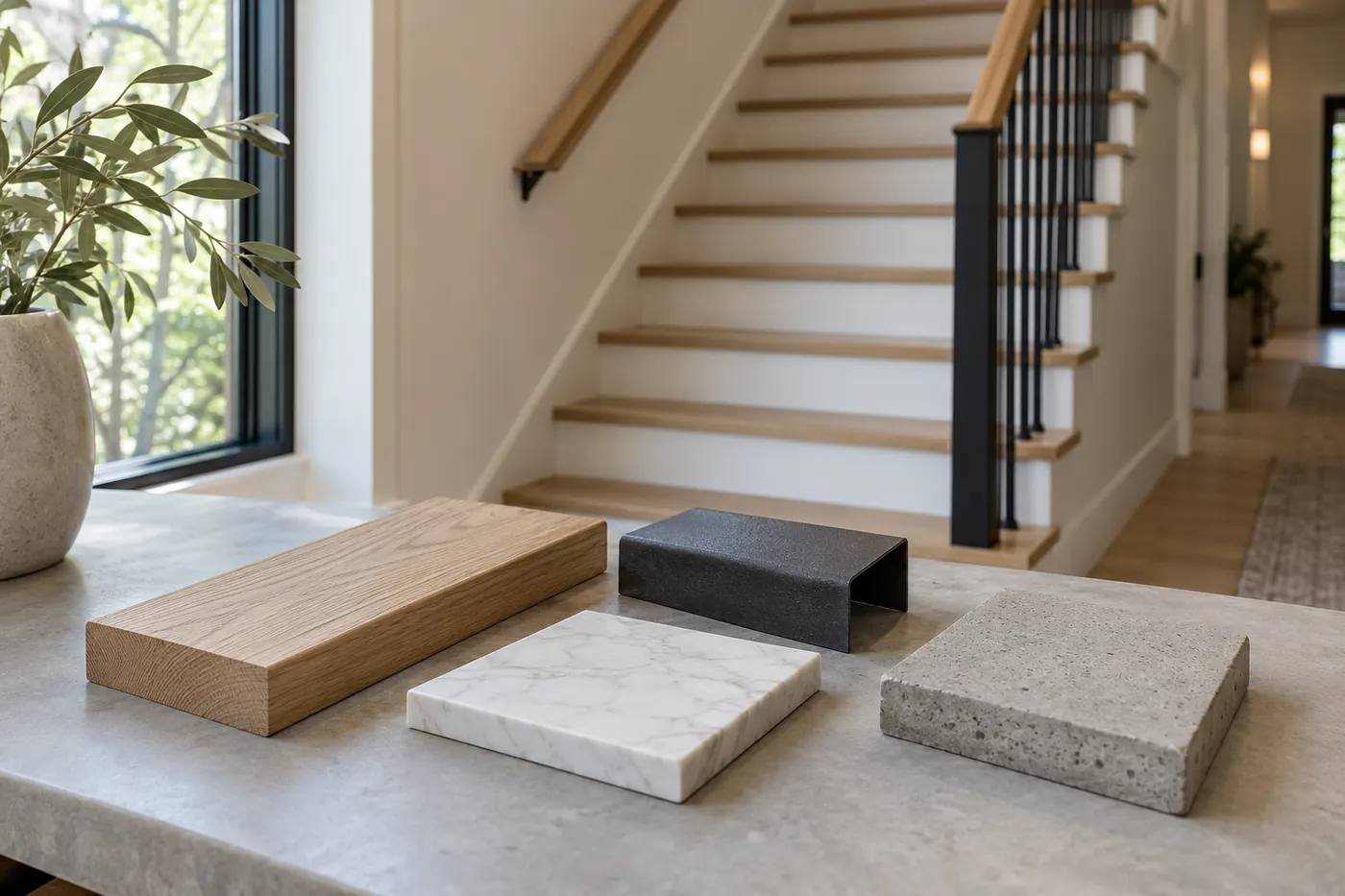 White oak, marble, steel and concrete samples beside a residential staircase