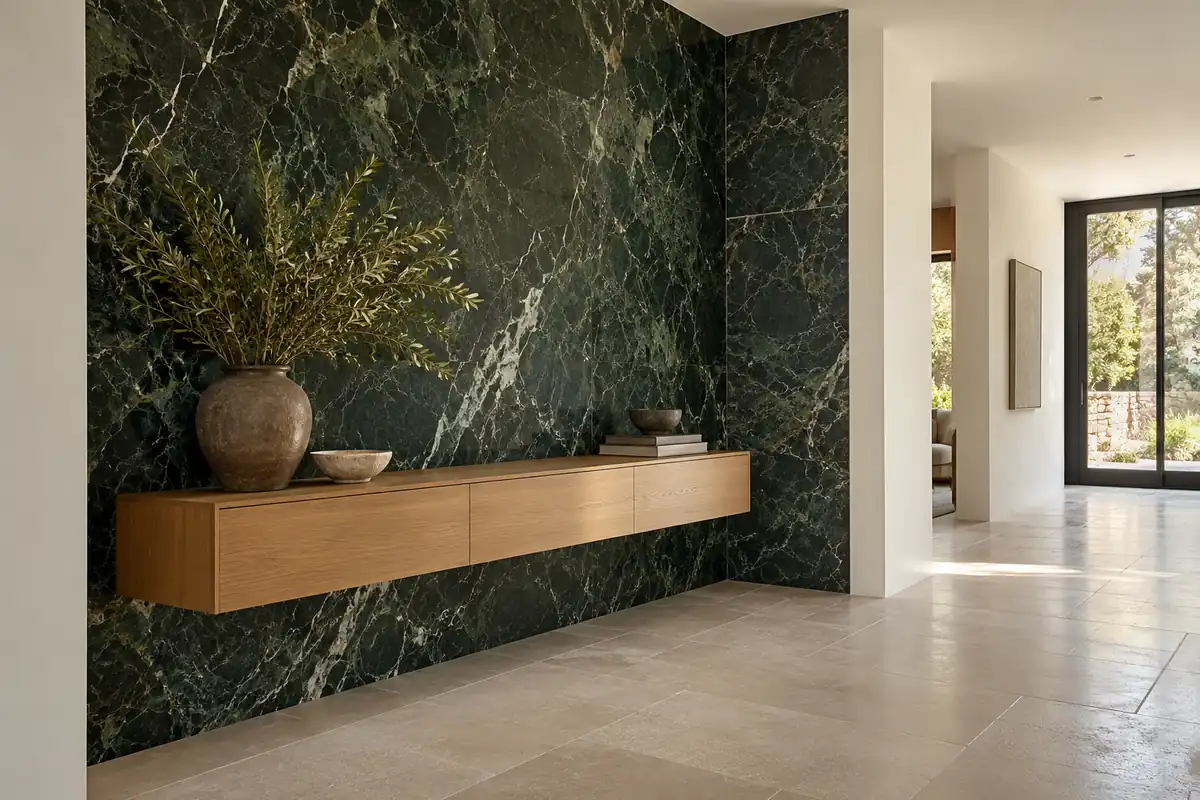 Green marble entry accent wall with a floating oak console