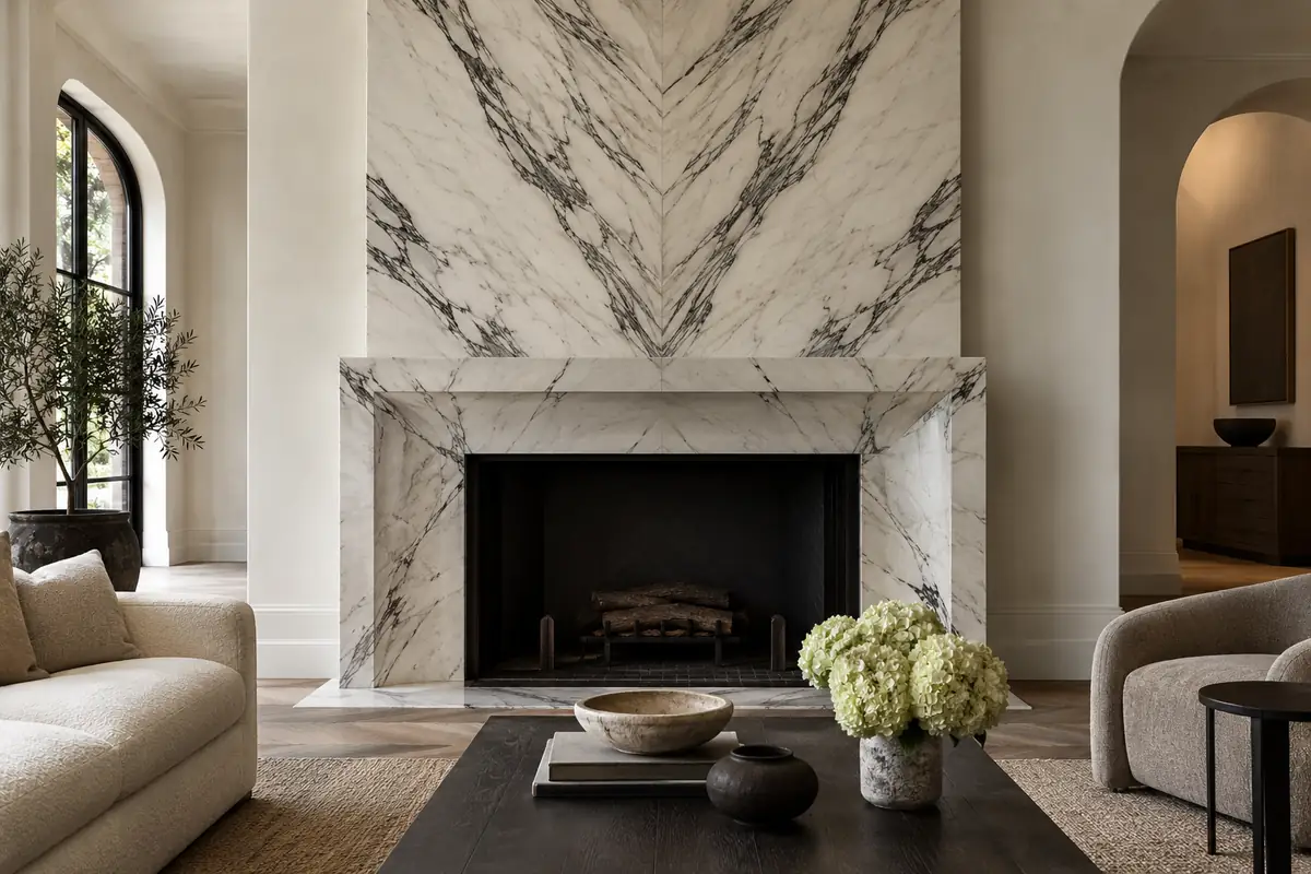 Bookmatched marble fireplace wall with quiet plaster surroundings