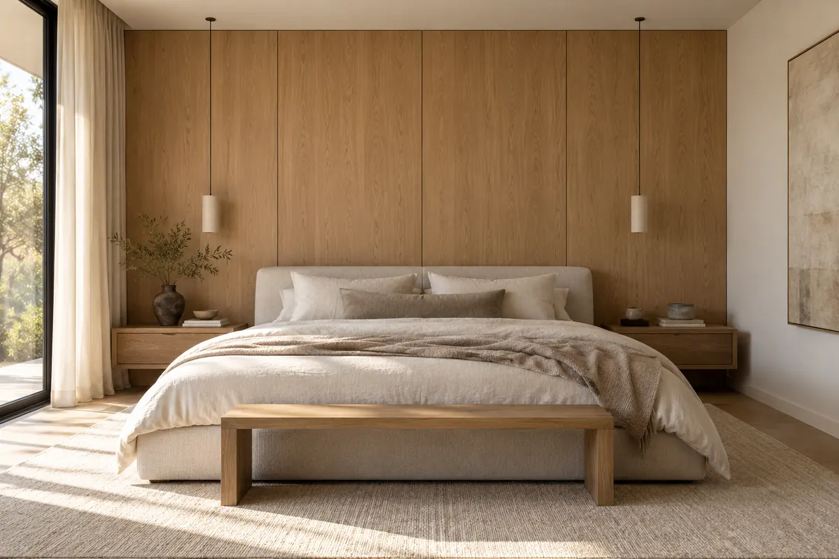 White oak veneer headboard wall in a calm primary bedroom