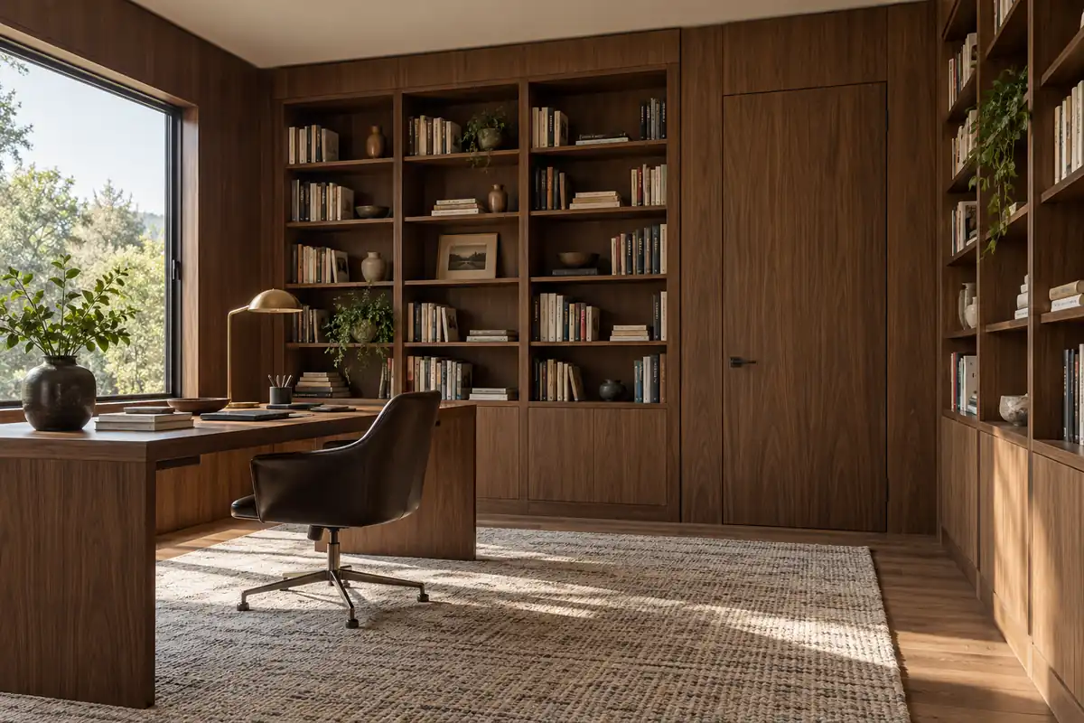 Walnut wall panels, shelving and a flush door wrapping a home study