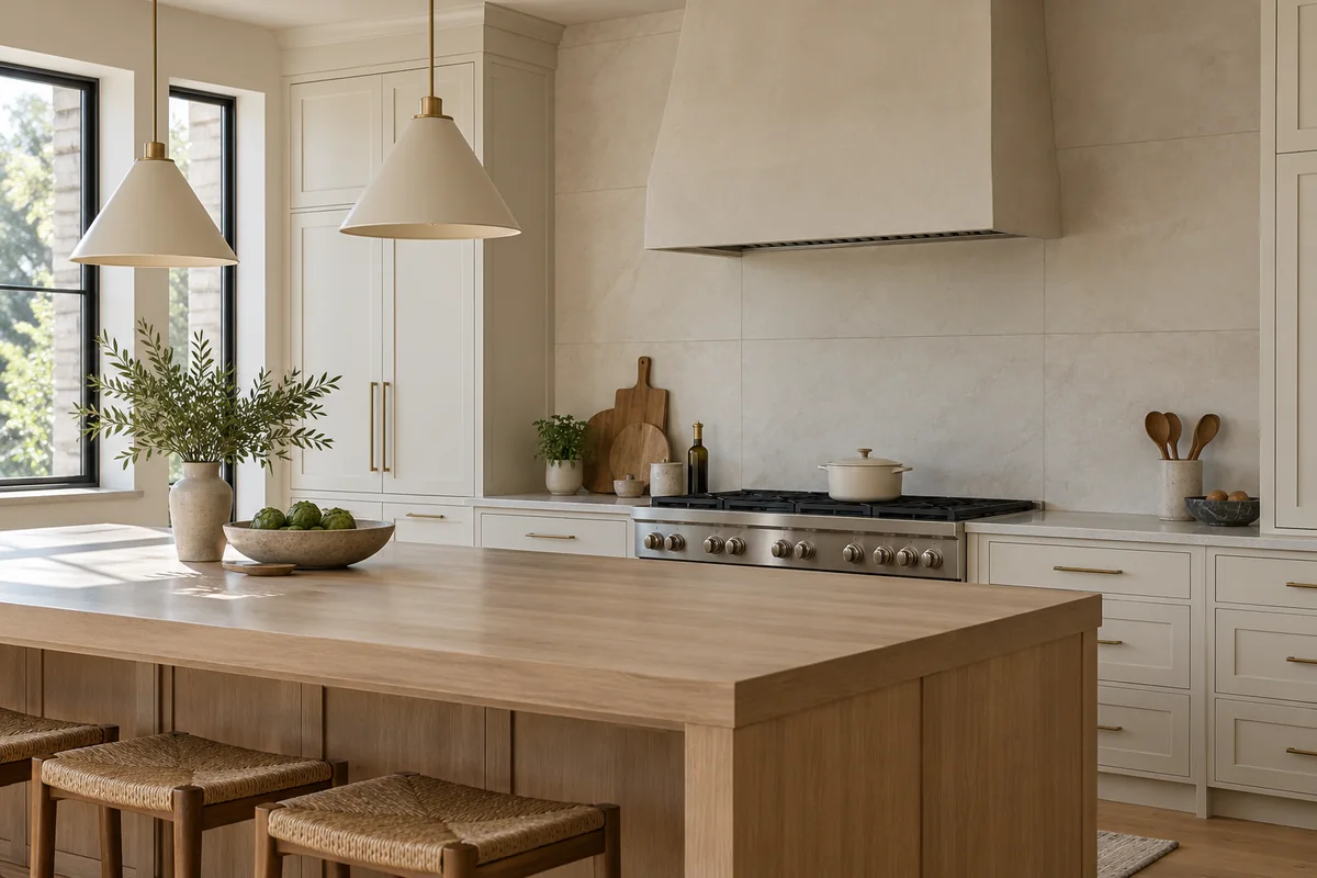 Large cream porcelain backsplash tiles with warm white kitchen cabinets