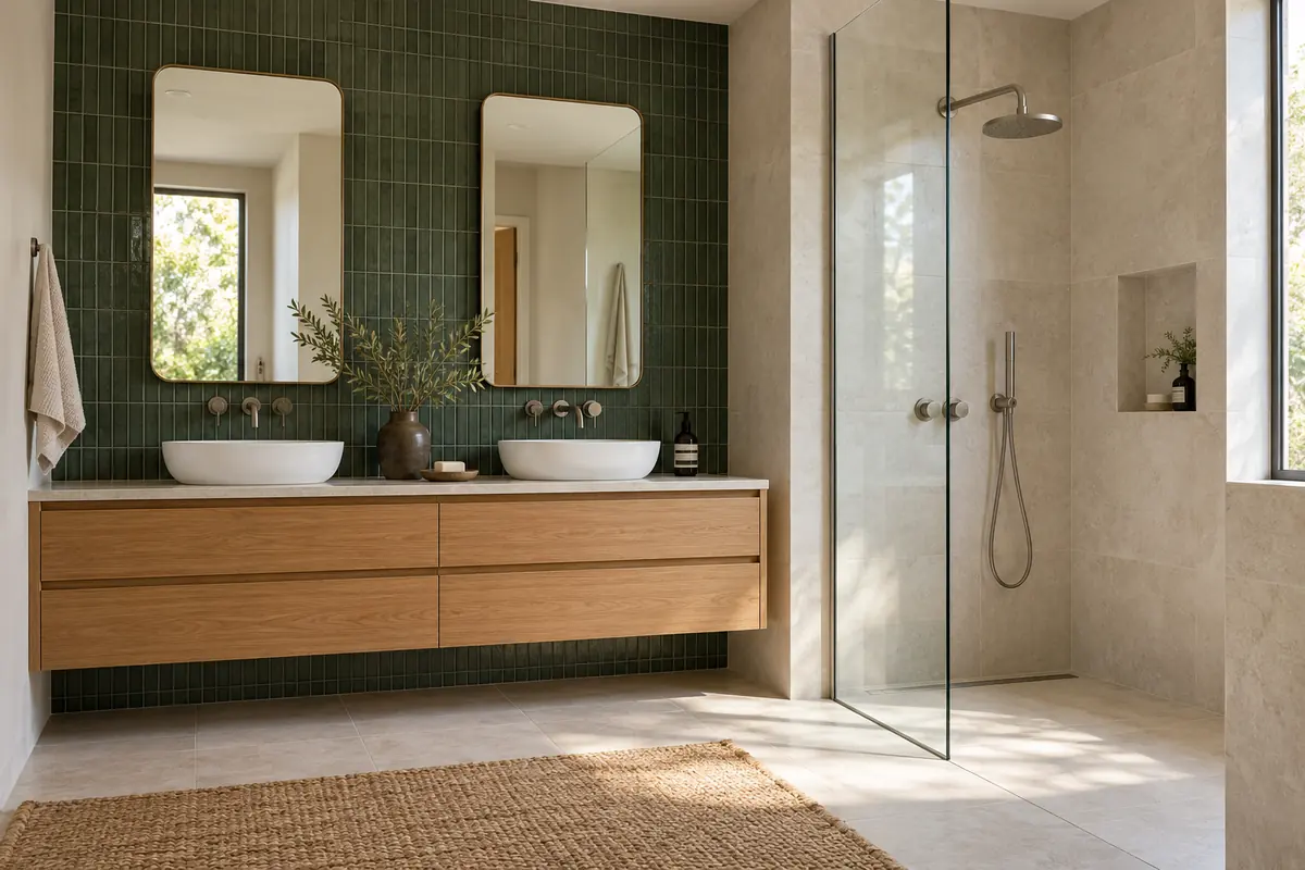 Green vanity accent tile beside a quiet beige tiled shower