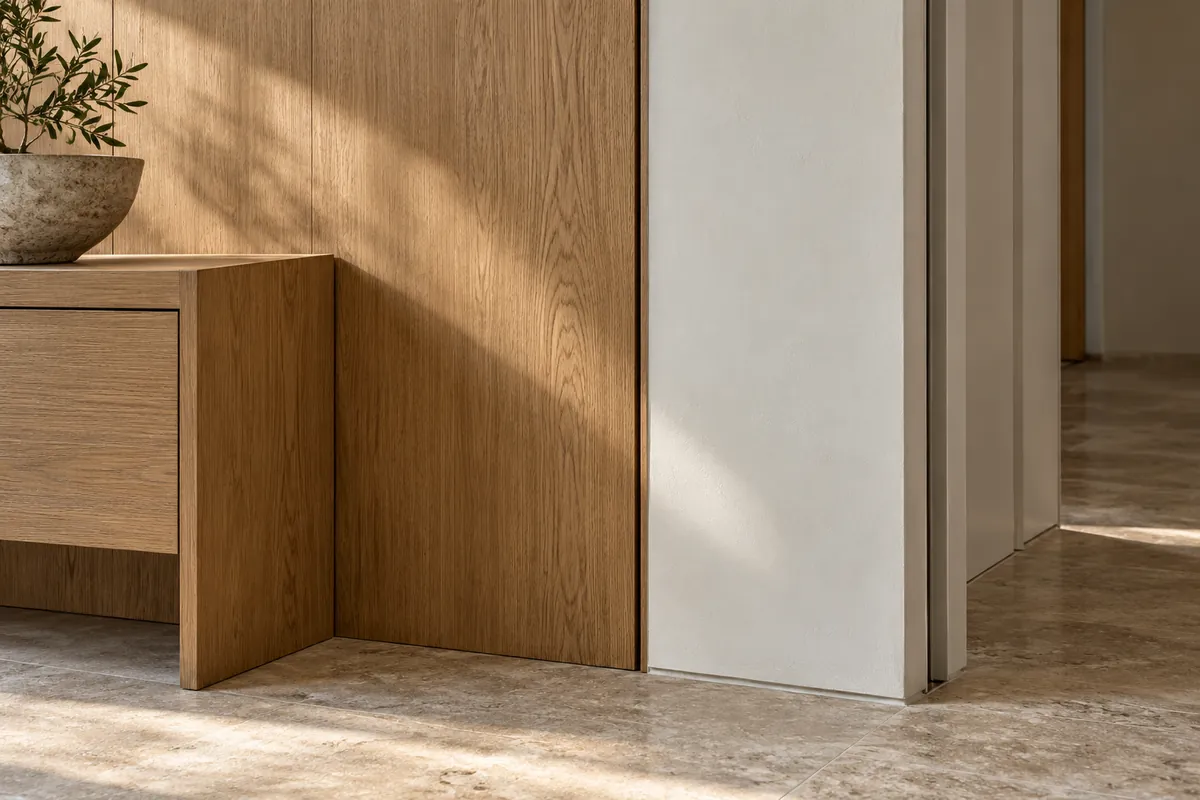Oak wall panel meeting a plaster wall with a neat shadow reveal