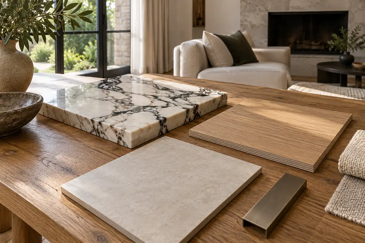 Marble, oak veneer, porcelain tile and metal trim samples in natural light