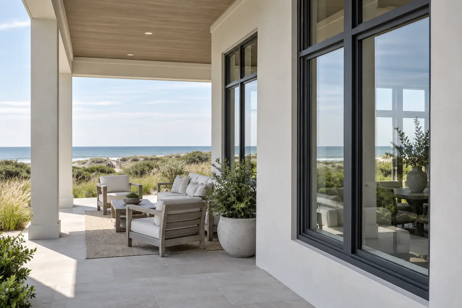 Dark framed windows on a coastal home overlooking the ocean