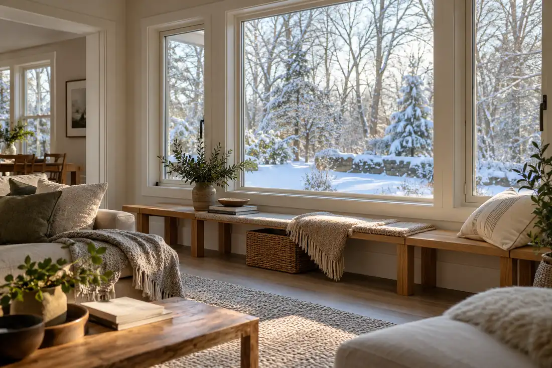 White framed windows overlooking a snowy northern garden