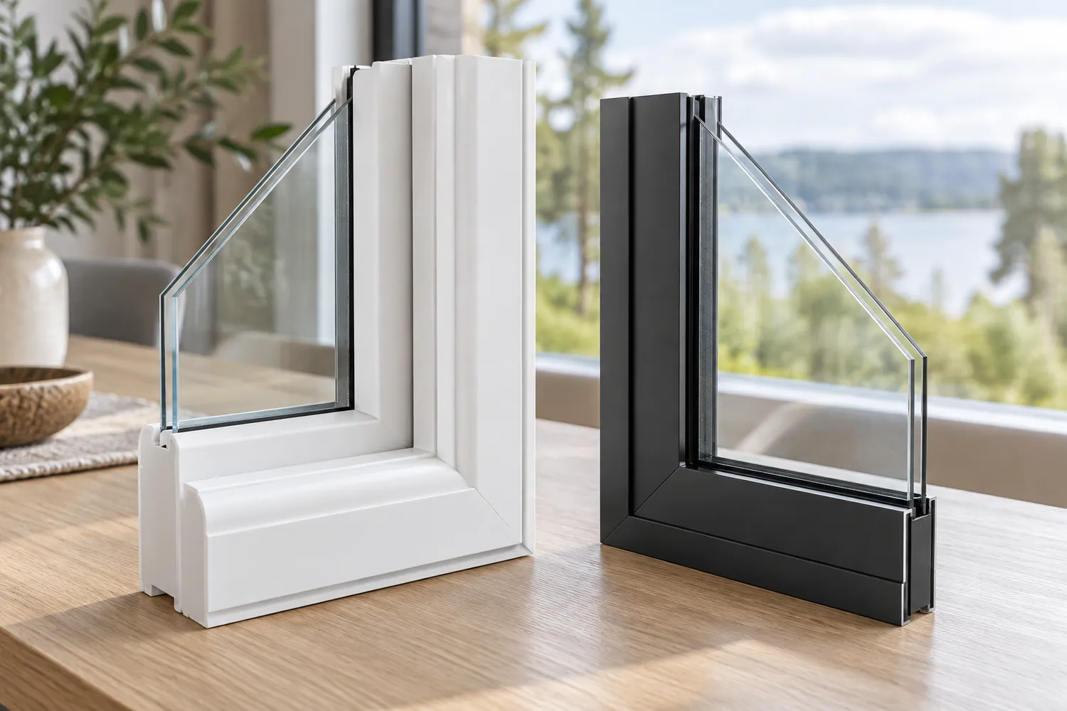 White vinyl and dark aluminum window frame samples