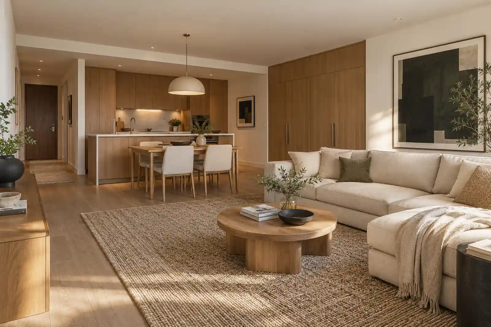 Warm minimalist apartment with oak kitchen, concealed cabinets and a cream sofa