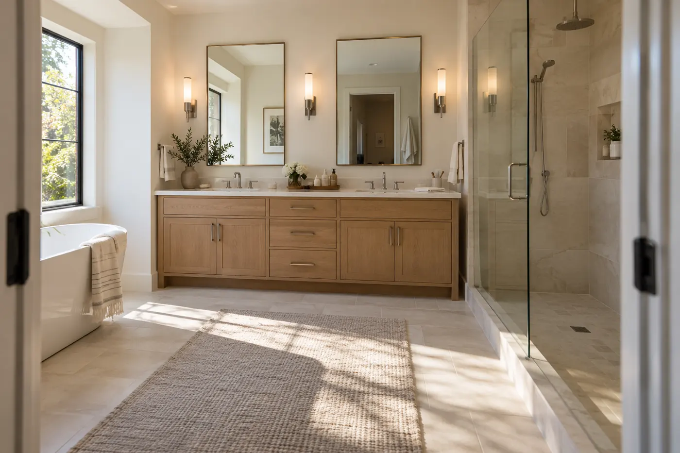 Sunlit primary bathroom with oak double vanity and a glass walk-in shower